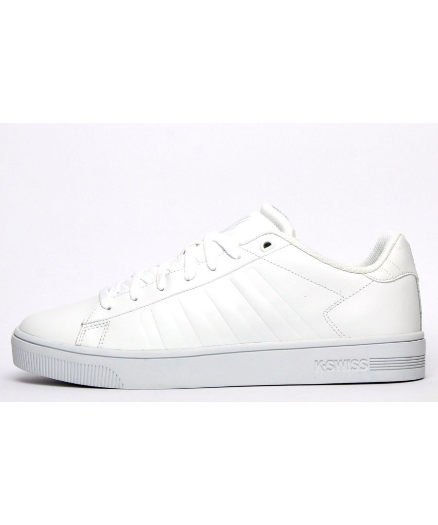 Mens K- Swiss Court Frasco Trainers in white.-Leather upper.- Lace closure.- Padded tongue and collar.- K Swiss branding to the tongue and heel.- Tonal stitching and debossed 5-Stripes detail.- Court Frasco’s high-walled outsole.- Leather upper  Textile lining.- Ref: 05624101