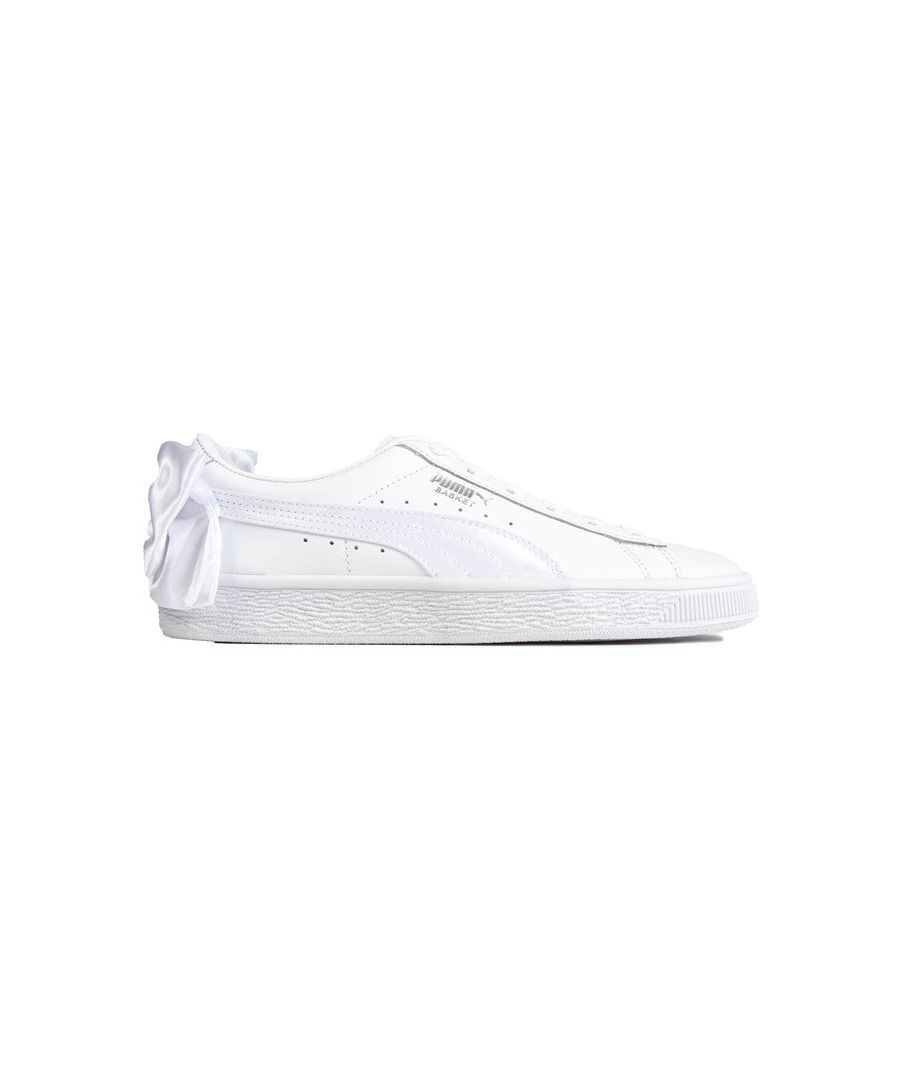 These All White Womens Puma Basket Bow Trainers Have A Padded Collar And Tongue For Comfort, As Well As A Padded Insole And Textured Sole For Extra Support. This Bright Style Features A Bow Detail And Iconic Puma Stripe For An Added Feminine Touch And Style.