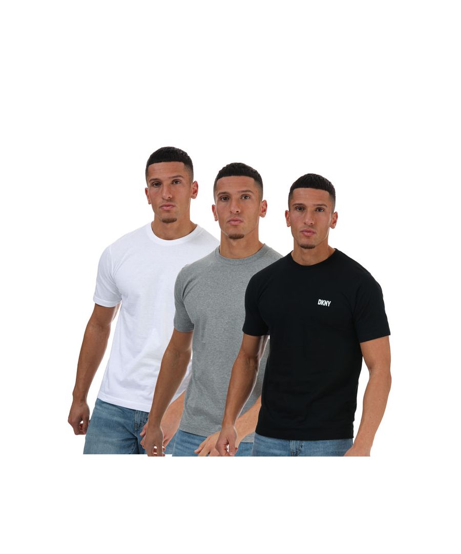 Mens DKNY Giants 3 Pack T- Shirts in black grey white.-  Crew neck.- Short sleeve.- DKNY branding printed to the chest.- Three pack.- Straight hem.- 100% Cotton.  Machine washable.- Ref: N56828