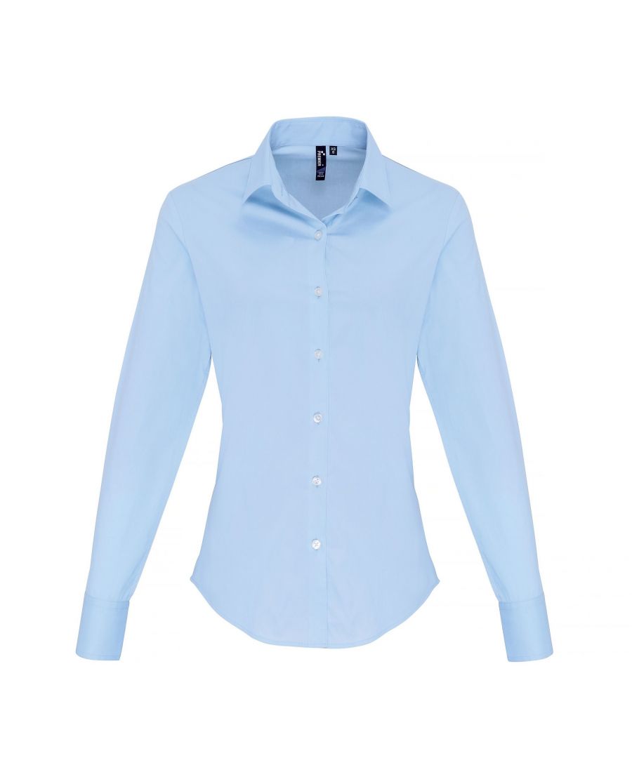 Premier Womens/Ladies Stretch Fit Poplin Long Sleeve Blouse (Pale Blue) - Size Medium