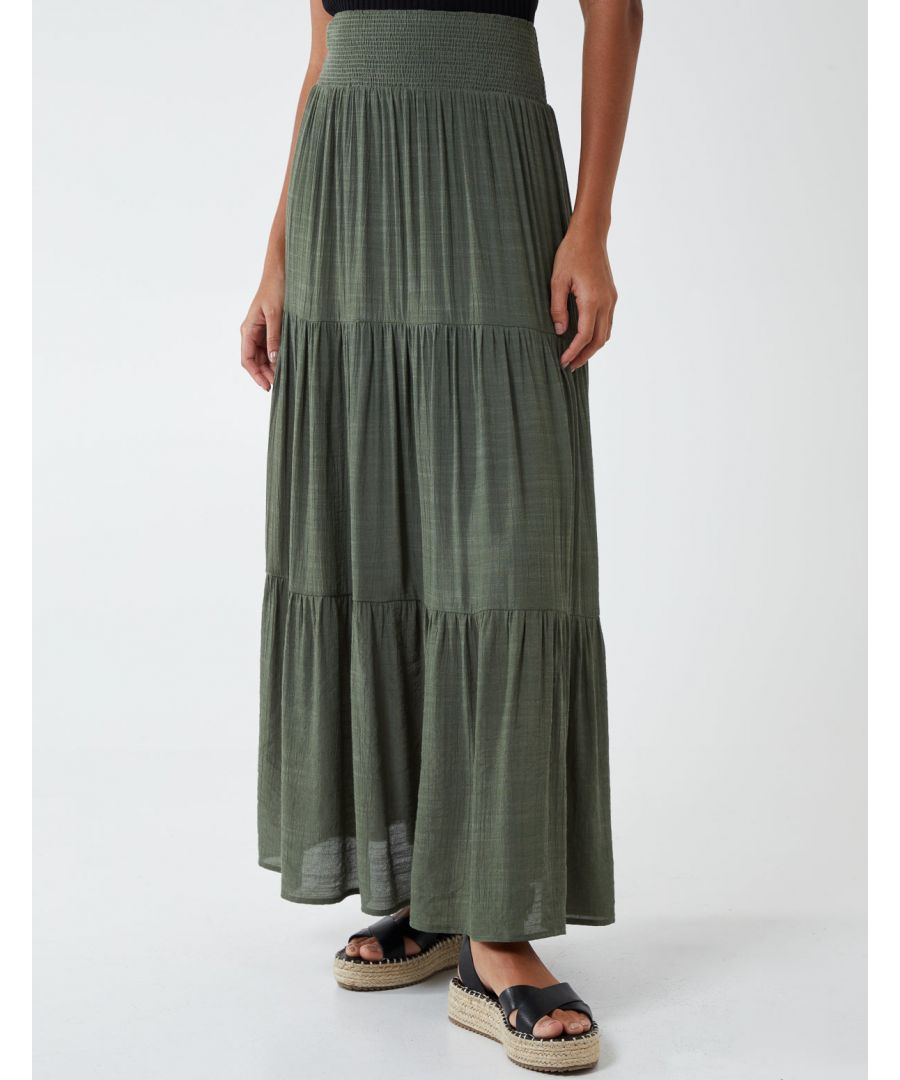 Go for comfort in this summer season. The maxi skirt features tiered fabric and an elastic waistband will make it easy to wear. This skirt is cozy that we cannot take it off. Perfect for everyday. Pair with a knit top or wedges. 64% Viscose, 36% Polyester. Made in China. Hand wash. Elasticated waist. Unfastened. Approx. length 100cm. Model wearing S. Model height: 5'8