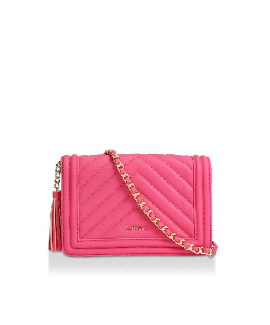 The Lara Tassel Flapover bag arrives in pink with Matelasse quilting and gold tone hardware. There is a tassel chain detail to the side.14cm (H), 23cm (L), 8cm (D). Strap drop cross body: 113cm.