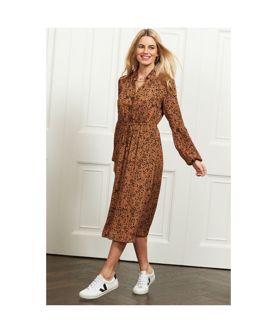 REASONS TO BUY: We'll never be over animal printClassic shirt dress style, comfy drawstring waistPerfect for eating and drinking inOn-trend blouson sleevesSwishy midi hemThink trainers off-duty, suede knee-highs for added glam