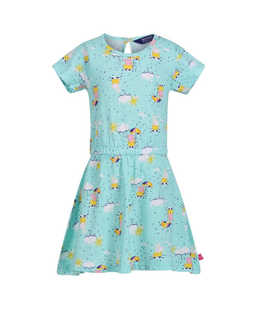 Material: 100% Cotton. Fabric: Coolweave, Soft Touch. Fabric Technology: Breathable. Design: Clouds, Sun, Umbrella. All-Over Print, Branded Buttons, Buttonhole. Neckline: Crew Neck. Sleeve-Type: Short-Sleeved. Waistline: Elasticated. 100% Officially Licensed. Characters: George Pig, Peppa Pig, Rebecca Rabbit. Sustainability: Sustainable Materials.