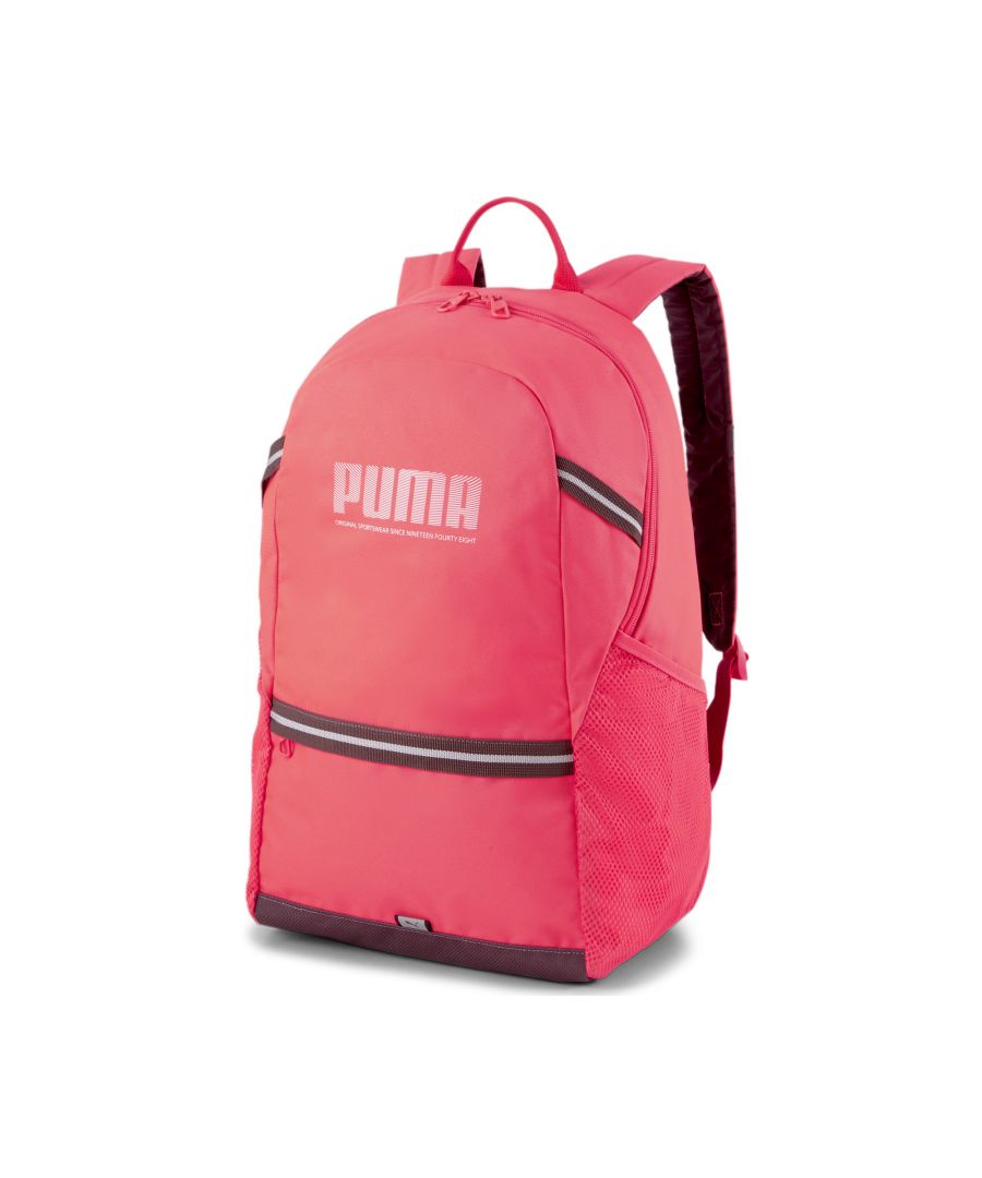 The PUMA Plus Backpack is loaded with functional features. Boasting a spacious main compartment, handy front pocket, comfy shoulder straps and eye-catching reflective elements, it's sure to become an everyday essential. DETAILS Two-way zip opening into main compartmentZip opening into front pocketLining compartment inside main compartmentMesh pocket on both sidesPadded back panel with stitching detailWebbing carry handle at topAdjustable and padded shoulder strapsPUMA branded 150D Polyester liningReflective tape with PUMA Cat brandingPUMA Wordmark Logo on front panel
