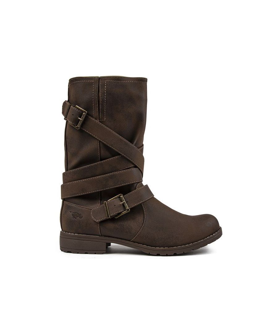 Womens brown Rocket Dog bruly boots, manufactured with pu and a synthetic sole. Featuring: heel height 2cm, textile lining, inside zip, decorative ankle and calf buckles and fleece lined collar.