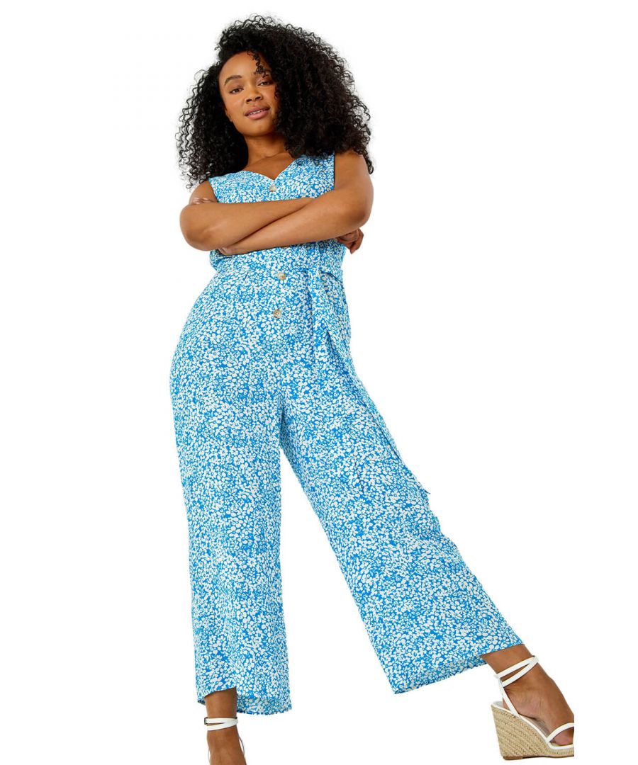 Roman Petite Womens Floral Button Through Jumpsuit - Blue - Size 14 UK