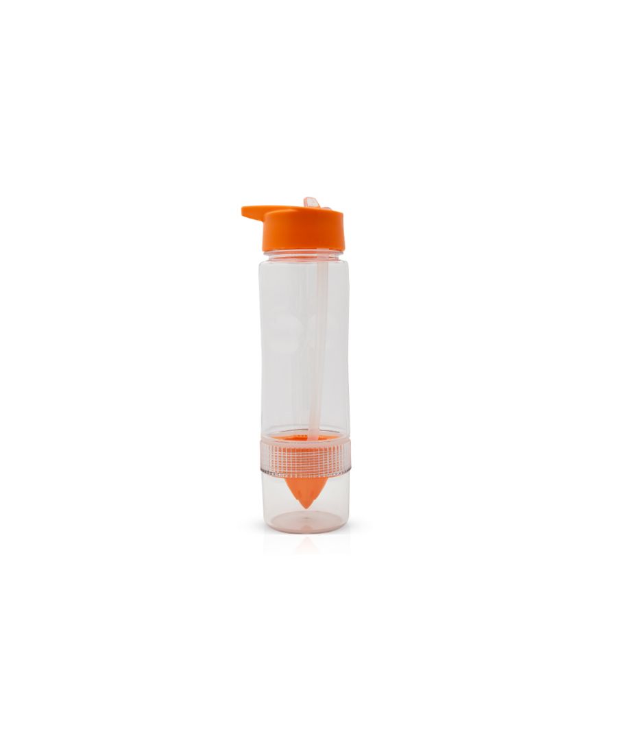 Juice Twist Water Bottle Orange 700ml.  Adds a fruity twist to your water.  Orange Carry Top and Juicer.  Retracting Spout.  Flip-up straw cap stays clean and quick to use.  Carry handle top can also be clipped too.  Use it everywhere you go, the gym, camping, travelling, exercise and all other outdoor sport as well as at home and in the office.  Built in press, twist & infuse facility to ensure you can flavour your water and be healthy at the same time.