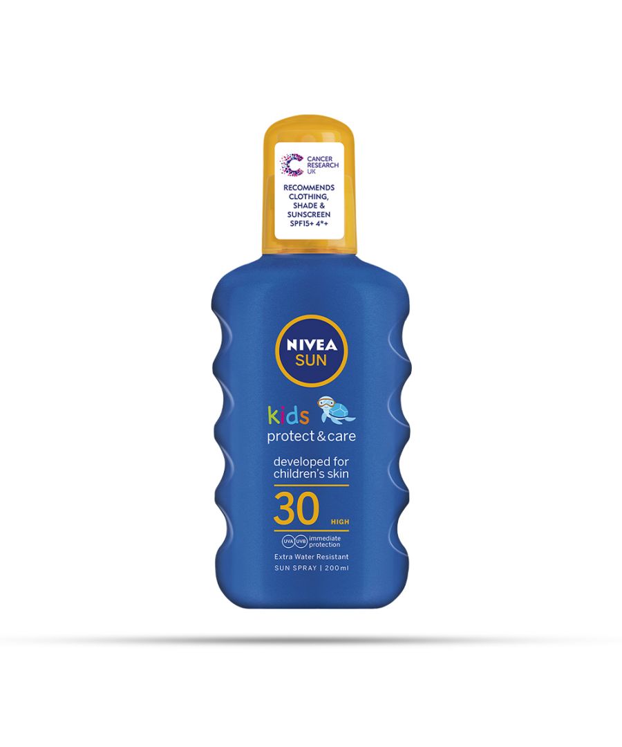Nivea Sun Kids Coloured Moisturising Coloured Sunscreen Spray SPF 30 has been specially designed for children, babies, and delicate skin. The moisturising cream immediately protects.  SPF 30 offers a high level of sun protection which reduces the risk of sun-induced allergies and UV-induced skin damage.  The sensitive kid's spray is highly water-resistant so you do not need to reapply the suncream 30 after your children have been in the sea!  Spray sunscreen generously onto bare skin before going outside, allowing it to be absorbed by the skin. Reapply frequently.  The kids' sunscreen contains disappearing colour to ensure even coverage! Moisturizing Sun Spray provides children with highly effective UVA/UVB protection.