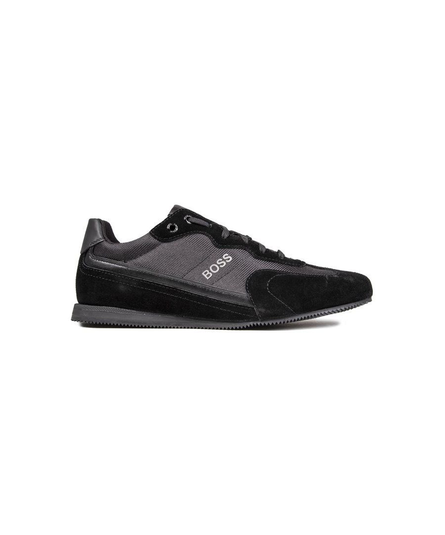 The Black Rusham Low Trainer From Designer Boss Is Stylish Crafted In Soft Nylon And Suede With A Low Profile Sole And Signature Branding. These Designer Shoes Feature Branded Metal Eyelets And Padded Collar And Tongue. The Mono Details Keep Things Luxe, While The Sleek Details Ensure You Make Your Mark Wherever You Go.