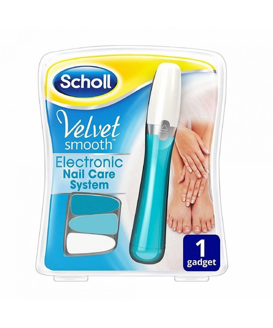 Scholl's Velvet Smooth Electronic Nail Care System\n\nScience at the service of feet  - 100 years of experience.  Our founder Dr William Mathias Scholl wanted to understand the structure and biomechanics of feet in relation to the body. In 1907 he founded Scholl Manufacturing Co. Inc.  Scholl's history continues with its founder's same passion and philosophy - to improve the health, comfort and well-being of people by caring for their feet.\n\nShiny, natural-looking nails at the push of a button.  Natural and shiny nails are now effortless. With the Scholl Velvet Smooth Electronic Nail Care System for WOW toe- and fingernails. It comes with three different heads for filing, buffing and polishing.  The Scholl Velvet Smooth Electronic Nail Care System lets you care for your fingernails and toenails with a simple push of a button, leaving your nails looking shiny and natural. The dual-speed oscillating insert helps give you natural looking shiny nails in just three steps.\n\nKey Features\n\n    Natural and healthy looking nails\n    Natural shine\n    No need for clear polish\n    Professional pedicure/manicure results at home\n    Saves time\n    Easy to use\n    Perfect for home & travel\n\nMultiple attachments\nScholl’s Velvet Smooth Electronic Nail Care System comes with an electric nail file with three different heads for filing, buffing and polishing for both toe and fingernails.\n\t\nBattery operated for convenience\nIt works with 1 AA battery (included), so you can take it anywhere and always make sure your nails are looking perfect.\n\t\nSafety stop\nThe safety stop function stops the nail care unit when there is too much pressure on the nail.\n\n\nHow to Use\n\nStep 1: File\n\nPut the file head on the nail pen, switch it on by choosing your desired speed from 2 speed options and file your nails in your desired shape.\n\t\nStep 2: Buff\n\nPut on the buff head to even out imperfections and smoothen the nail surface. This prepares the nails for step 3.\n\t\nStep 3: Shine\n\nPut on the shine head and polish the nail surface in a circular motion. Apply light pressure for best results.