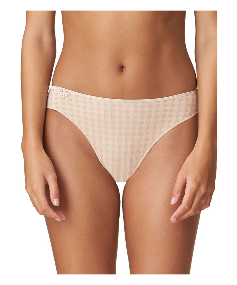 Marie Jo Avero Mid Rise Brief, these beautiful briefs boast a two-toned gingham-style fabric for a romantically chic look. The floral motif detail on the front panel adds a charming touch. Offering good overall coverage on the rear. Size Guide: XS (8), S (10), M (12), L (14), XL (16).