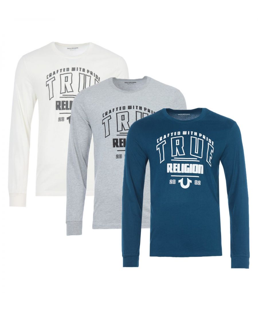 Image for True Religion 3 Pack Logo Crew Neck Long Sleeve T-Shirt - Grey, Blue & White