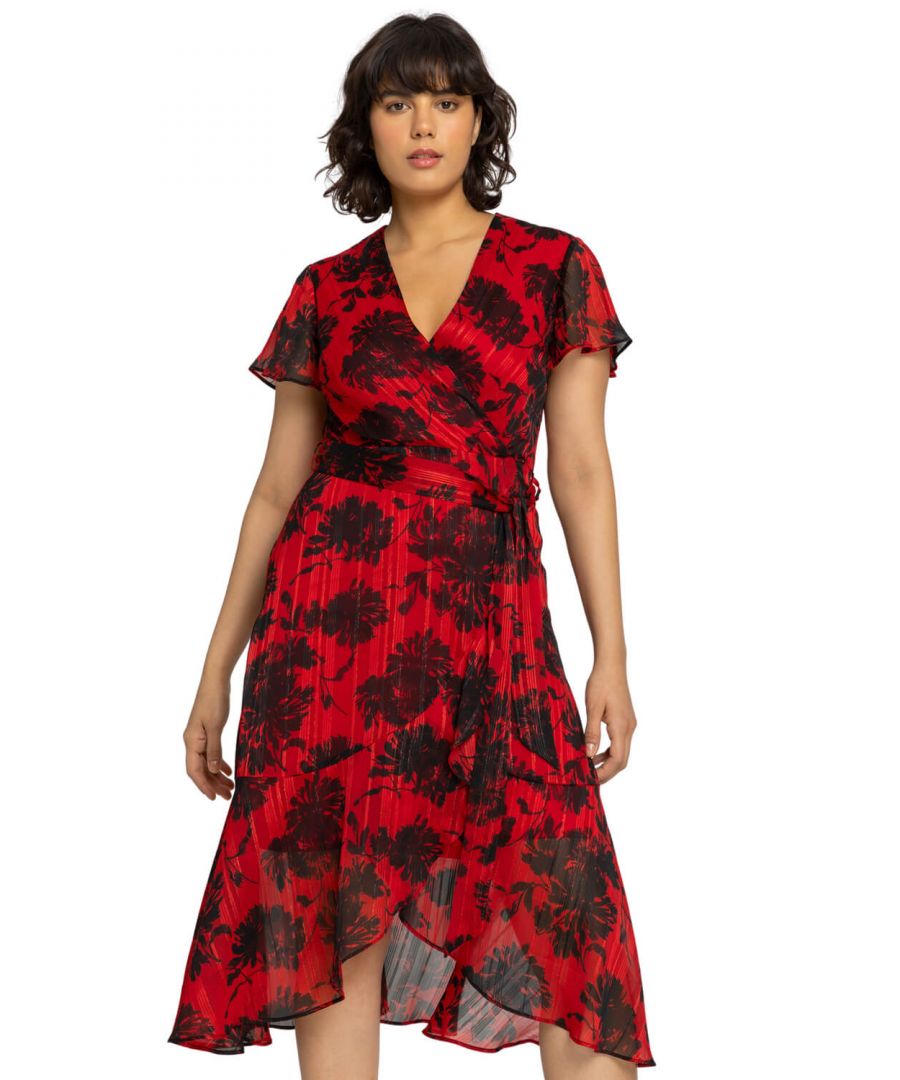 Roman Womens Floral Print Wrap Midi Dress - Red - Size 10 UK