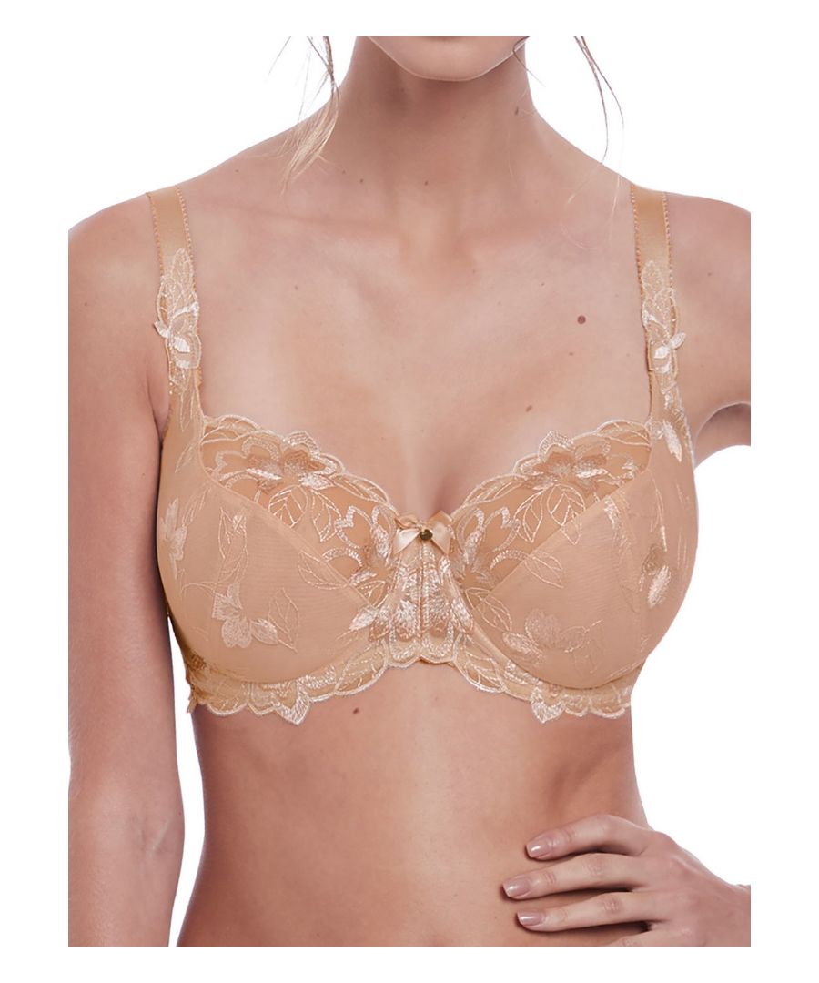 Add a touch of elegance to your lingerie drawer with the Fantasie Leona balcony bra. The underwired non-padded cups are made from gorgeous detailed lace featuring floral embroidery-creating an overall semi-sheer look.  The 3-section cup provides natural uplift and flattering shaping to the bust.  Finished with adjustable straps which feature lace overlay, hook and eye closure for ease of fit and cute centre bow.