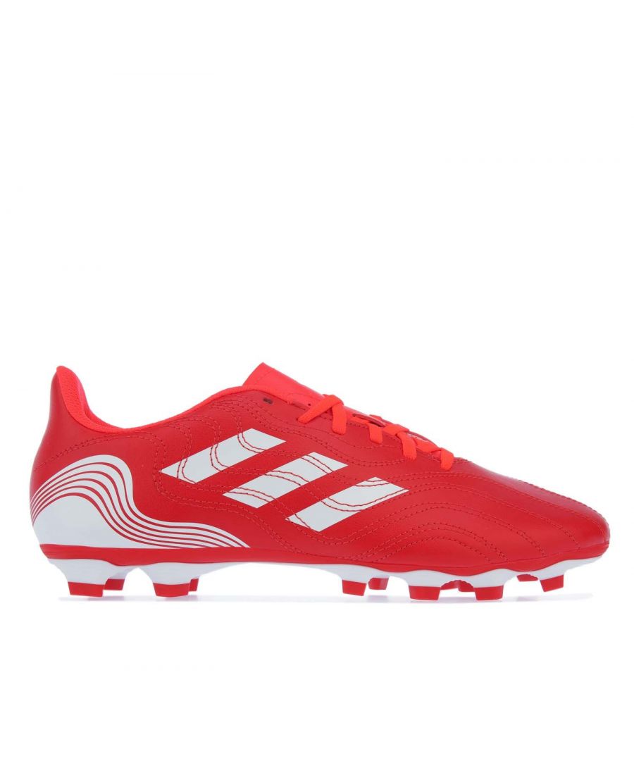 Mens adidas Copa Sense.4 FG Football Boots in red white.- Soft synthetic upper.- Lace fastening.- Low profile ankle collar. - Flexible ground soleplate.- Three stripe branding to the side. - Stitched detail across.- Artifical grass and hard ground football boots.- Cushioned insole.- Synthetic upper  Textile lining  Synthetic sole.- Ref.: FY6183