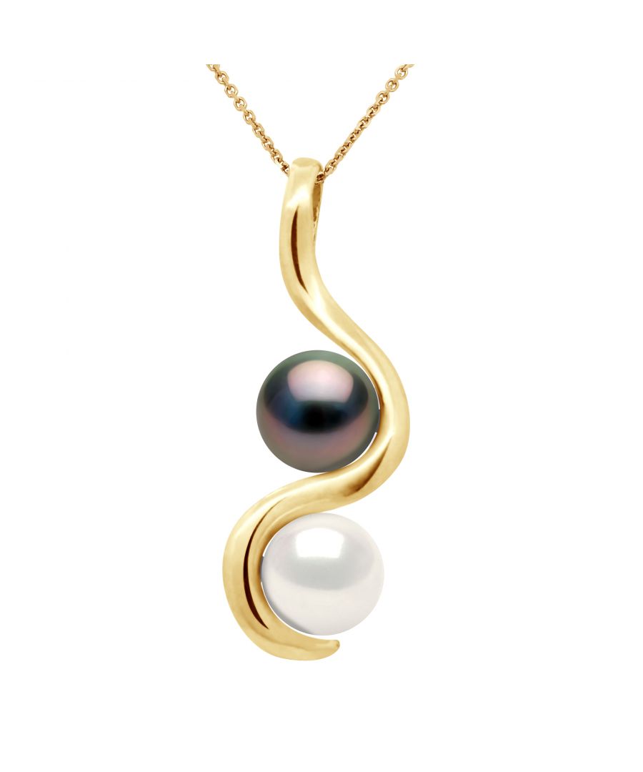 Necklace bélière YOU & I - Part II Gold 375 Miilièmes Adorned of 2 true Cultured Round Tahitian Pearl 8-9 mm , 0,31 in Tahitian + EAU DOUCE BLANC NATUREL - Our jewellery is made in France and will be delivered in a gift box accompanied by a Certificate of Authenticity and International Warranty