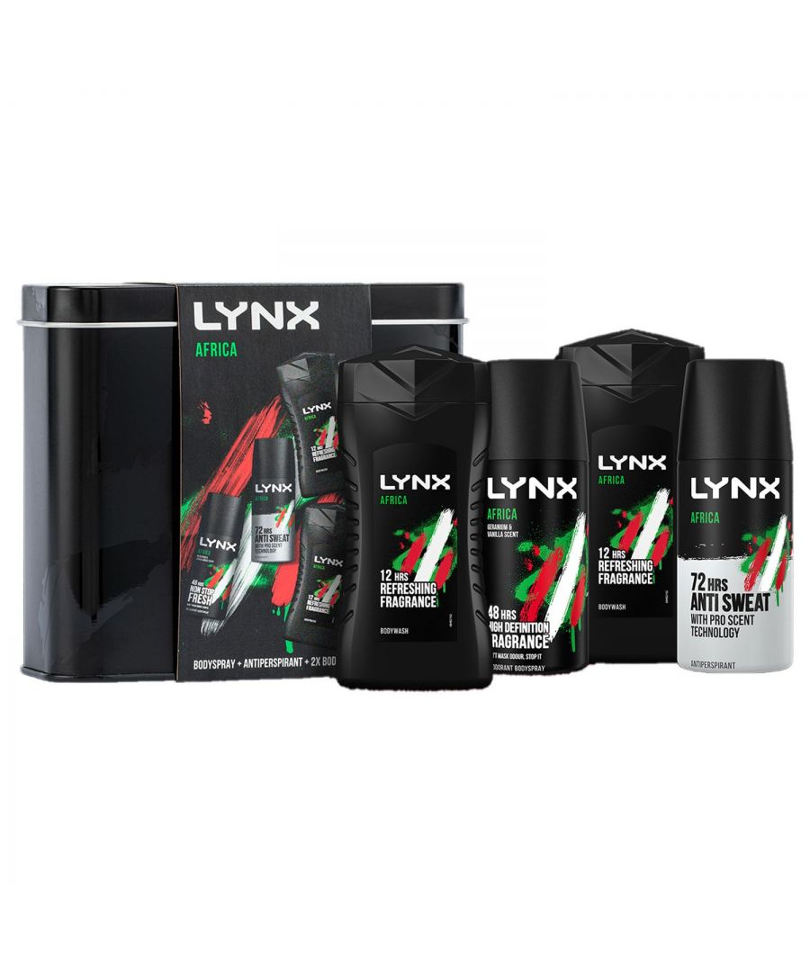 Looking for a gift for dad We have got you covered in style with the much-loved LYNX Africa fragrance. Give the ultimate gift with our iconic LYNX Africa Mini Tin Gift Set - ideal for dads everywhere! There will be no need to fake happiness when he unwraps this bad boy. Trust us. This gift set teams LYNX Africa Body spray, Bodywash and Antiperspirant Deodorant Spray together, so he can have the confidence to be the best version of the only thing he can be - himself. Developed using our unique pro-scent technology, LYNX Africa Antiperspirant will give him 72-hour sweat and odour protection while the aromatic, sweet and warm scent of LYNX Africa Bodywash will keep him smelling and feeling fresh all day. This set of gifts for men comes in a stylish black tin box that is practical and generous enough to keep all his LYNX toiletries in one place. The perfect present for him this Christmas Festive, this gift set will bring back so many good memories and help him be on top of his game - no matter what comes his way, he will be ready with an iconic scene! \n\nFeatures:\nKick-start your day with a refreshing shower enhanced with our iconic Africa fragrance that never goes out of style\nLynx Africa Shower Gel washes away odour and provides up to 12 hours of refreshing fragrance\nLynx Africa Antiperspirant Deodorant Spray for Men gives you 48-hour protection against sweat and body odour\nStrong antiperspirant spray effectively protects you against excessive sweating and the odour that too often goes with it\n\nSafety Warning: Avoid contact with eyes. If contact occurs, rinse thoroughly with water. Avoid direct inhalation. Avoid prolonged spraying. Do not spray near your eyes. Use only as directed. Do not expose to temperatures exceeding 50°C. Keep out of reach of children.\n\nGift Set Includes:\n1x Lynx Africa 48H Deodorant Body Spray 35ml\n1x Lynx Africa 72H Antiperspirant Deodorant 35ml\n2x Lynx Africa 12H Refreshing Bodywash 50ml