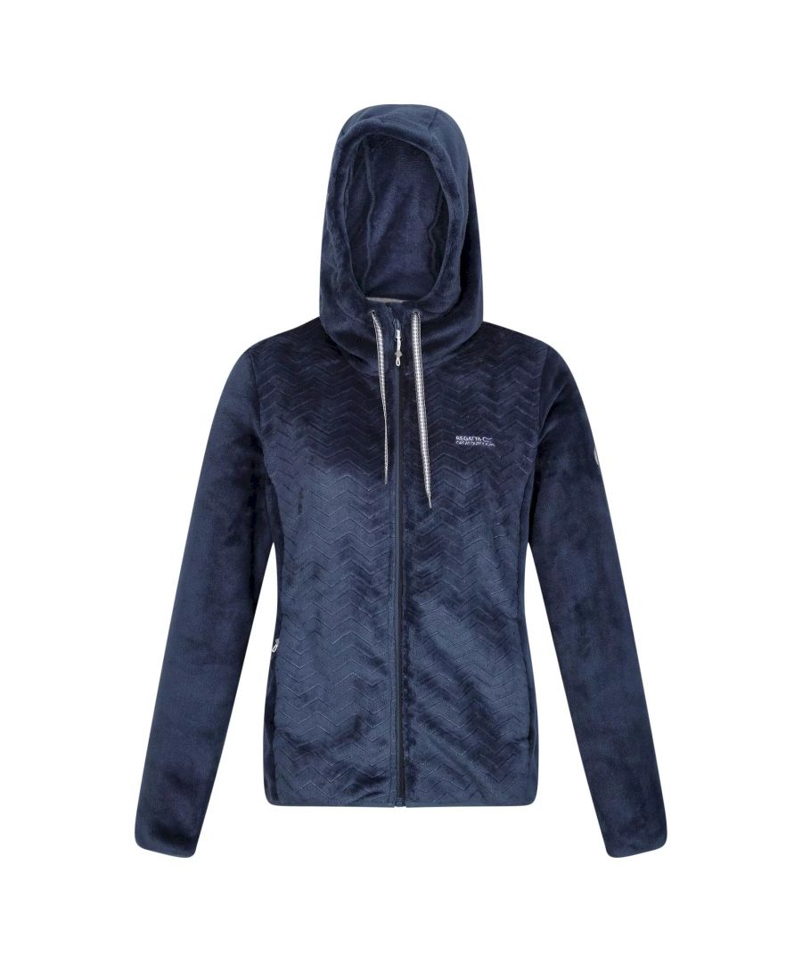 Material: 100% Polyester. Fabric: Fleece, Fluffy. 260gsm. Design: Embossed, Zig Zag. Neckline: Hooded. Sleeve-Type: Long-Sleeved. Cuff: Stretch Binding. Hood Features: Drawcord, Grown On Hood. Pockets: 2 Side Pockets, Concealed, Zip. Fastening: Full Zip. Hem: Stretch Binding.
