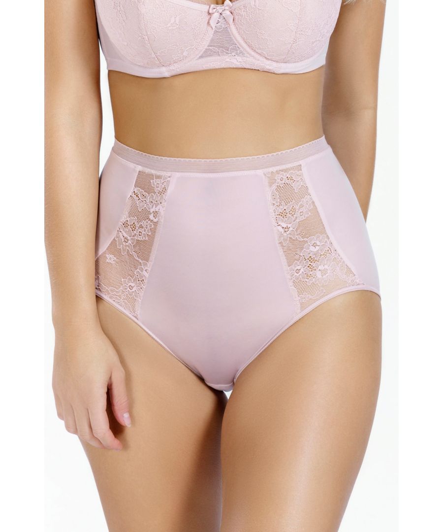 These 'Eliza' full brief, high waisted knickers by Rosme feature delicate lace side panels and provide light control and a visually slimming effect. This style is made with soft, stretch, material and an elasticated waistband providing comfort whilst feeling feminine. Matching items available.