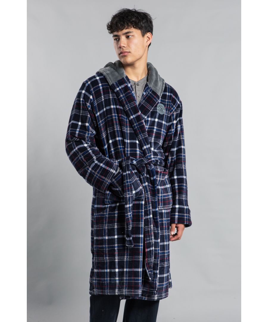 Tokyo Laundry Mens Navy Hooded Check Dressing Gown - Size X-Large