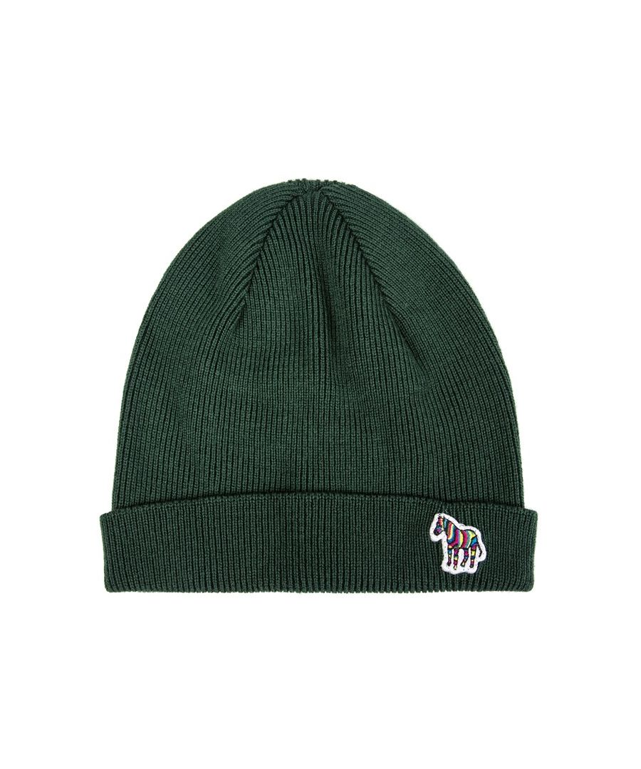 Mens green Paul Smith zebra wool beanie, manufactured with wool. Featuring: turn up brim, zebra branding, ribbed and one size.