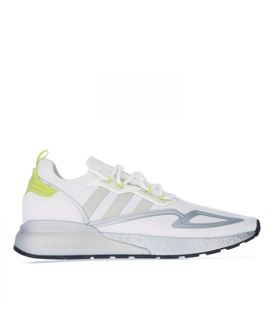 Mens adidas Originals ZX 2K Boost Trainers in white grey.- Mesh upper. - Lace up fastening.- OrthoLite® sockliner. - Trefoil brand on tongue and heel.- Boost midsole.- Rubber outsole. - Textile and Synthetic upper  Textile lining  Synthetic sole. - Ref.: H06577