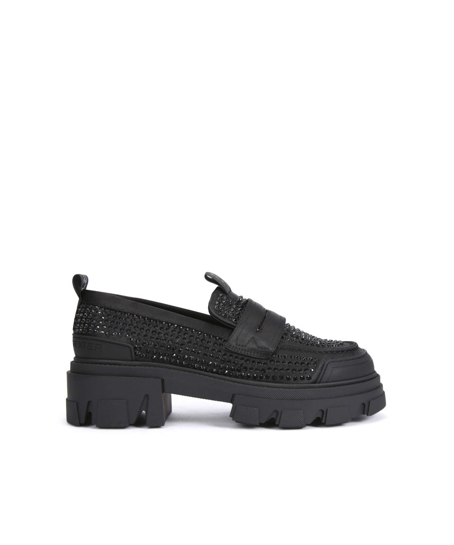 The Trekker Loafer arrives in black with black crystal embellishment. The ankle features two KG Kurt Geiger logo printed tabs. Sole height: 5cm.