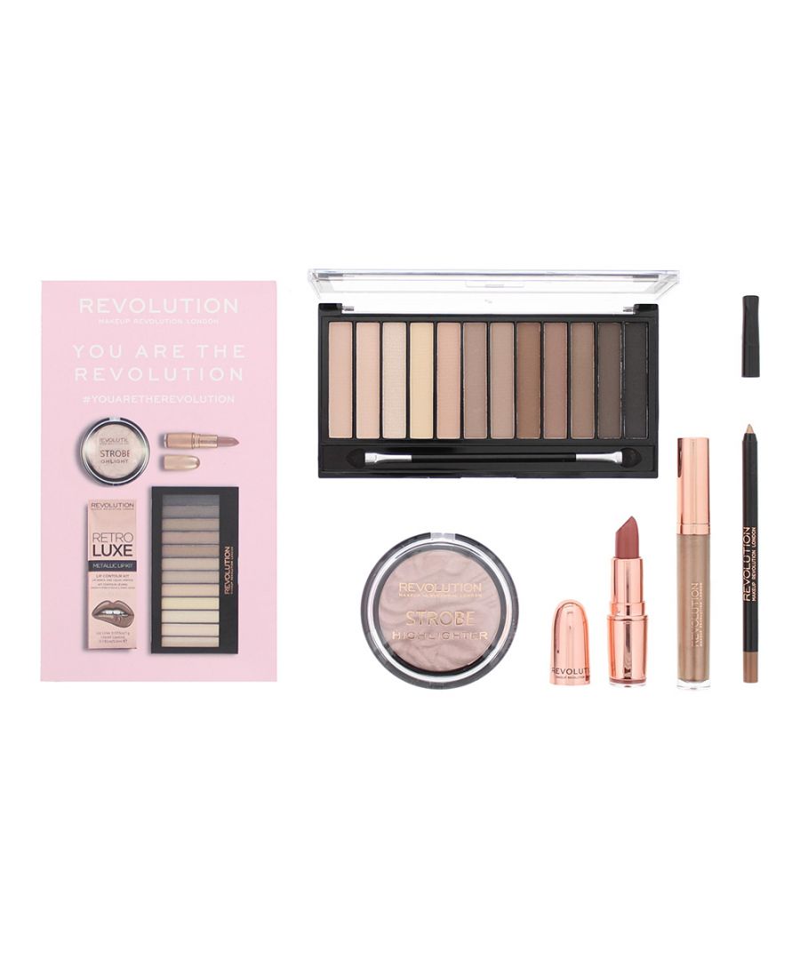This Revolution set includes all your must have for your day. The eye shadow palette can be used for that neutral look or the smokey eyes taking you from day to night. With a lip liner lipstick and two lipsticks to make the most of your lips. A highlighter completes the look.