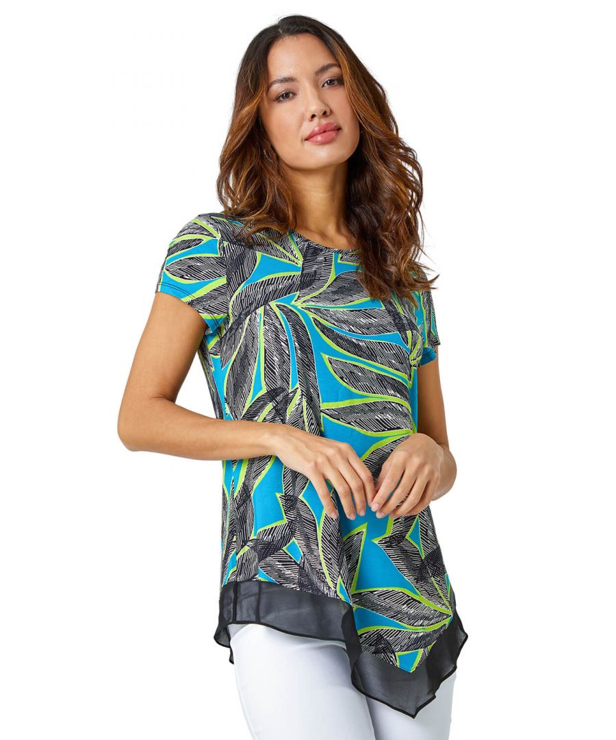 Roman Womens Palm Leaf Chiffon Hem Asymmetric Top - Turquoise - Size 12 UK