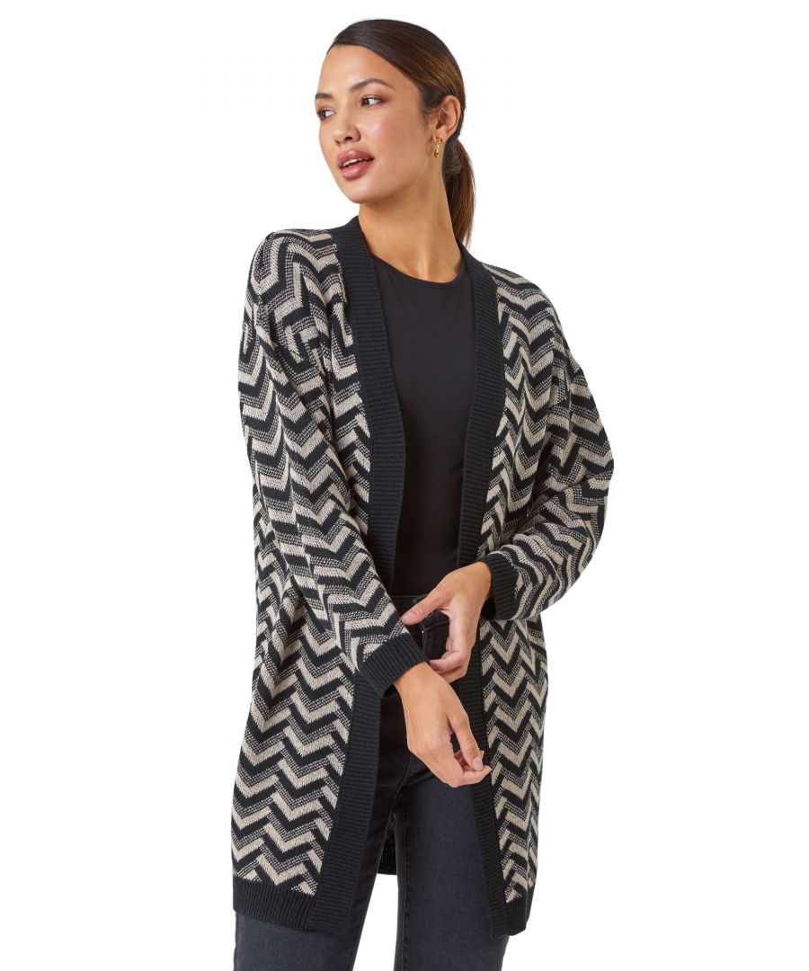Roman Womens Zig Zag Contrast Longline Cardigan - Black - Size 16 UK
