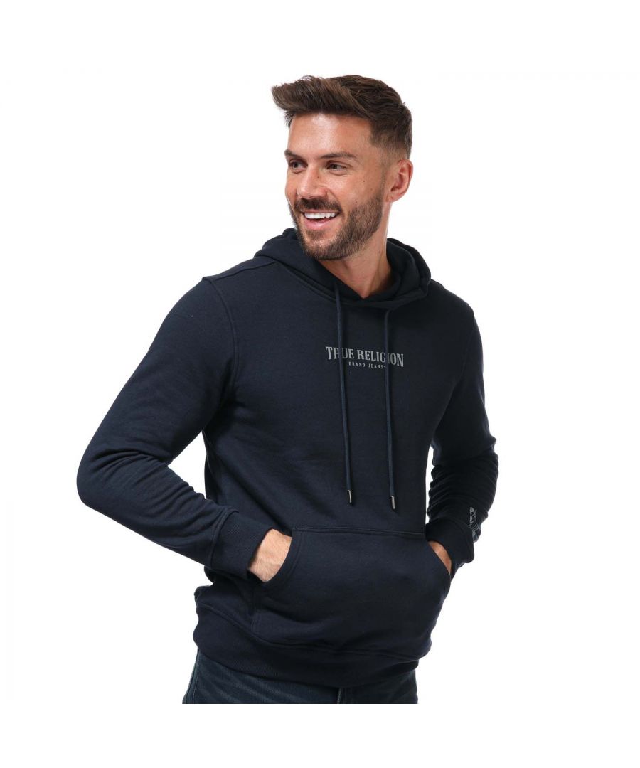Mens True Religion Arch Logo Hoody in navy.- Drawstring hood.- Long sleeves.- Ribbed cuffs and hem.- Kangaroo pocket.- Buddha arm print.- True Religion branding.- Regular fit.- 80% Cotton  20% Polyester.- Ref: 1055854100