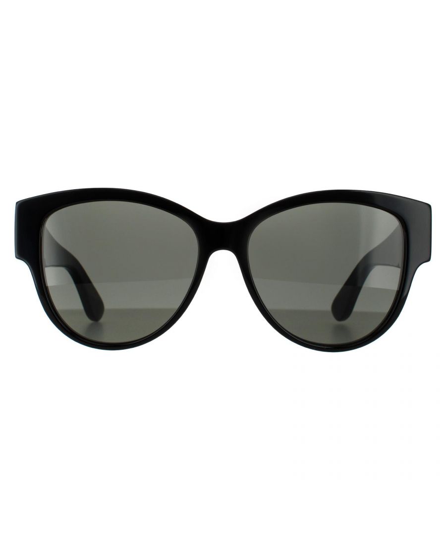 Saint Laurent Oval Womens Black Grey Sunglasses Saint Laurent are an elegant oval style with upswept lenses giving a slight cat eye finish. The chunky acetate frame is lightweight and thick temples are embellished with a large metal YSL logo.