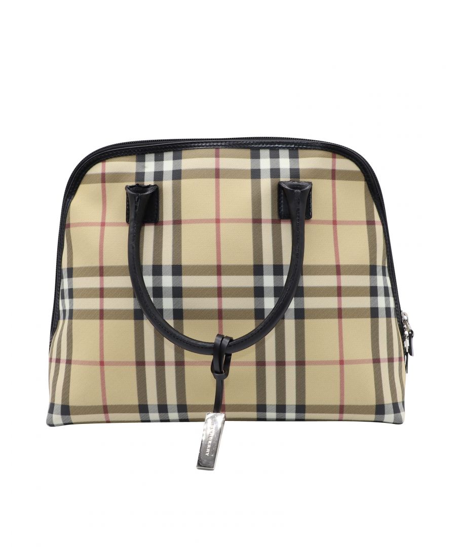 VINTAGE, RRP AS NEW\nA sportsman-turned-tailor-turned-global fashion icon, Thomas Burberry’s iconic and authentic nova checks make this coated canvas bag a hit. This bag features soft black leather trim, silver-tone hardware, and dual-rolled leather handles on top. The zipper closure opens to an interior with a side zipper pocket to store your essentials.\nBurberry Vintage Nova Check Hand Bag in Beige Coated Canvas\nColor: beige\nCondition: excellent\nMaterial: Coated Canvas\nSign of wear: Gentle wear on corners of base, comes with dust bag\nSKU: 147472 / NAPBKGBBA111504W  \nSize: One size\nDimensions:  Length: 300 mm, Width: 100 mm, Height: 250 mm