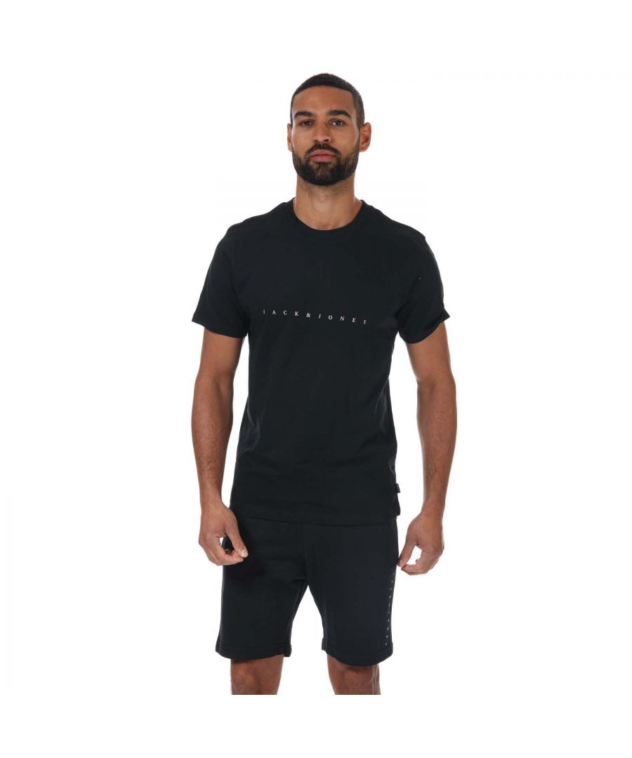 Mens Jack Jones Font T- Shirt & Short Set in black.- T- Shirt:- Ribbed crew neck.- Short sleeves.- Printed branding.- Straight hem.- Main material: 100% Cotton.- Shorts: - Elasticated waist with drawcord.- Two side pockets.- One back pocket.- Printed branding.- 100% Cotton. - Ref: 12209170A