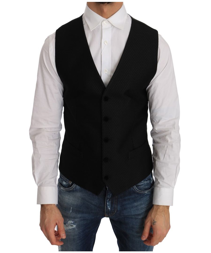 Dolce & ; Gabbana Gorgeous brand new with tags, 100% Authentic DOLCE & ; GABBANA fashion vest Model : Formal vest Fit : Slim fit Color : Black with circle polka dot pattern Full button closure Logo details Made in Italy Material : 51% Wool, 30% Polyester, 19% Silk