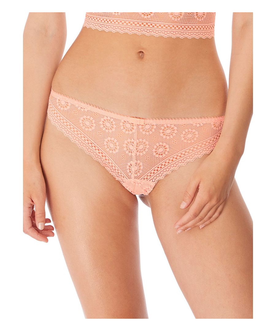 Freya Love Note Brazilian Brief.  Complete your Freya Love Note collection with these stylish Brazilian briefs.  Made from gorgeous stretch lace and finished with a small scalloped edge elasticated waistband for a romantically chic look.  The Brazilian cut creates a flattering look for less coverage on the rear.  A perfect addition to your lingerie drawer!