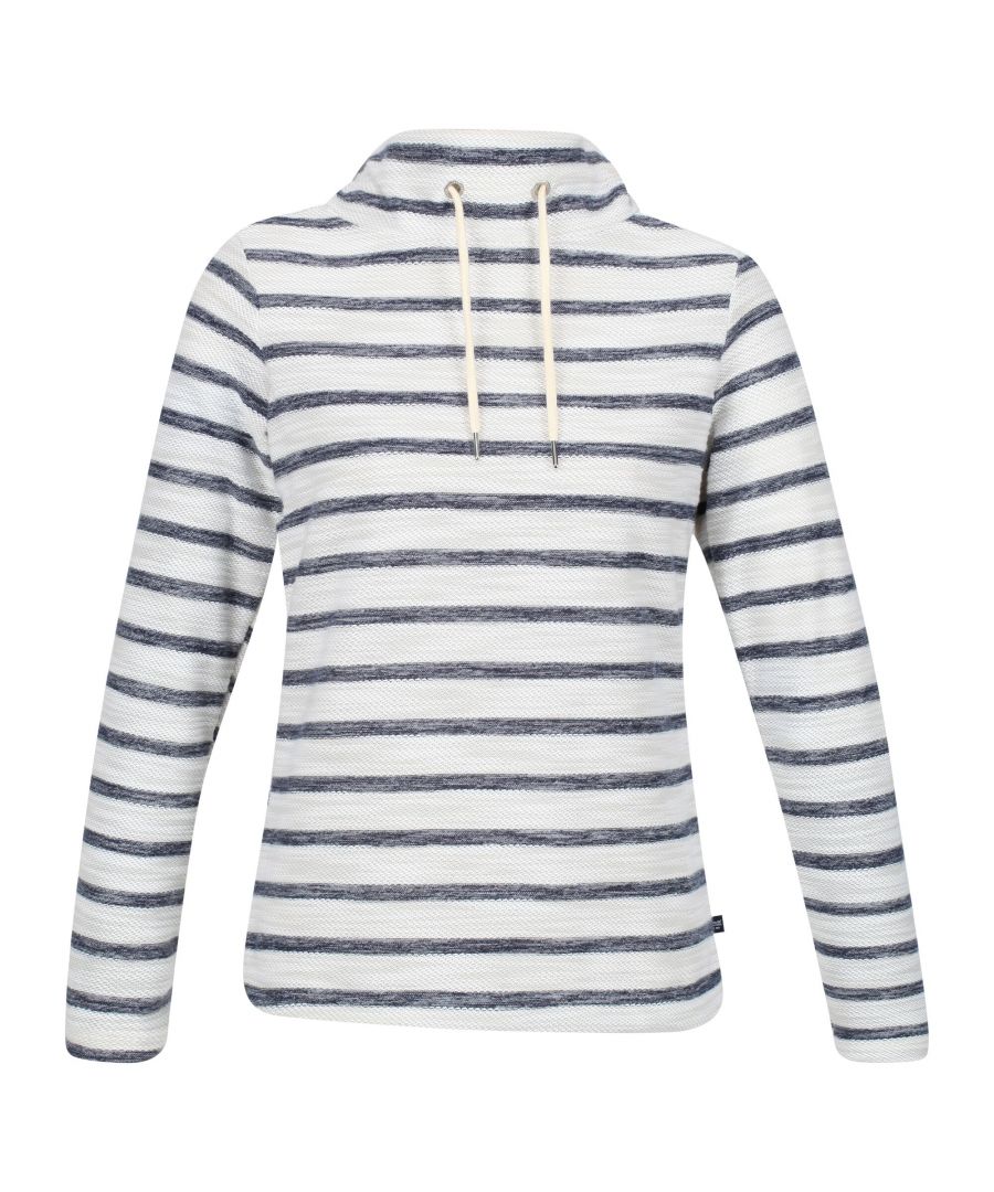 Material: 63% Cotton, 37% Polyester. Fabric: Coolweave. Design: Logo, Stripe. Fabric Technology: Breathable, Soft. Neckline: Cowl Neck, Drawcord. Sleeve-Type: Long-Sleeved. Fastening: Pull Over. Sustainability: Sustainable Materials.