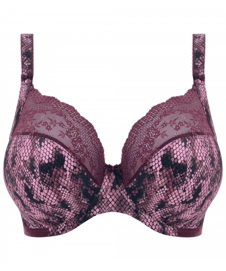 Underwired plunge bra\nNon-roll back\nThree section cups with side-support panels\nSmooth finish\nStylish snakeskin pattern on front with mesh panels\nHook and eye fastening\nAdjustable shoulder straps\nBack features a stretch snakeskin lace