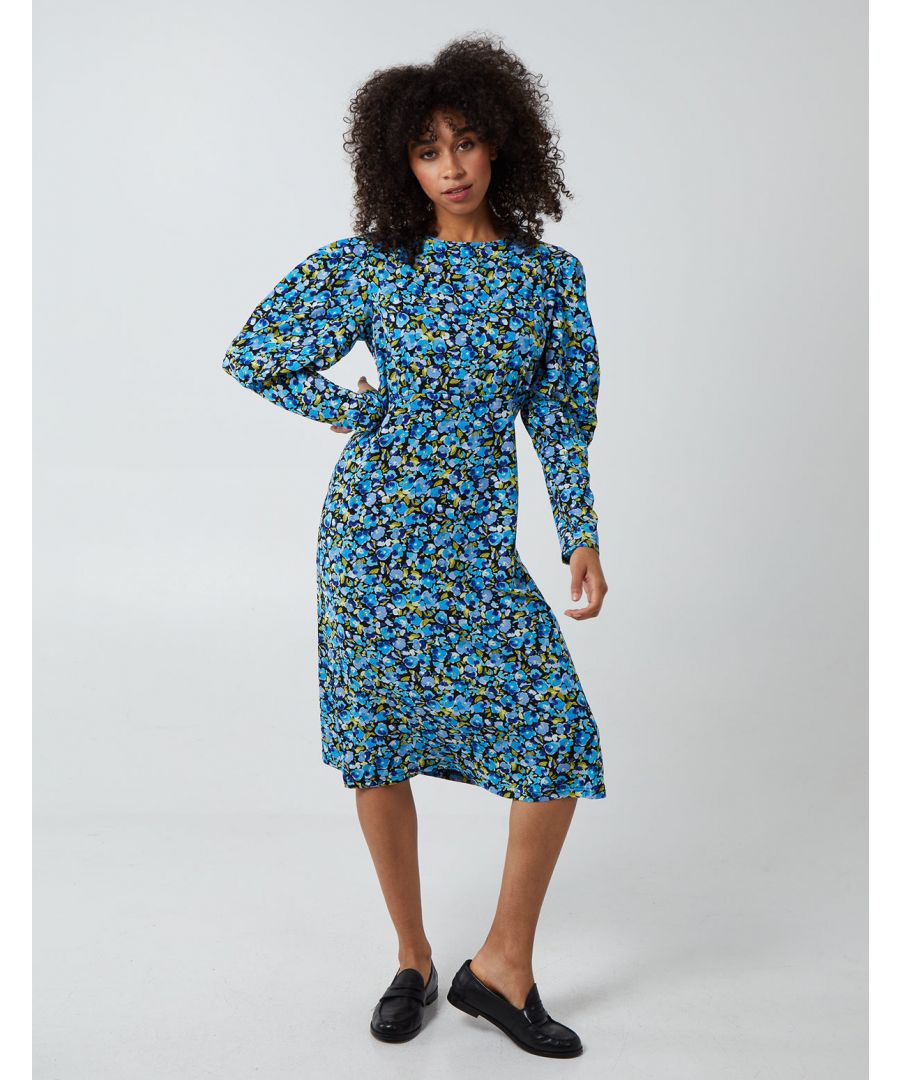 Opt for smart look in new season with this pretty floral dress. Classy shape, puff sleeve and round neckline will make you ready for any formal occasion. It will be your new favourite Monday to Sunday dress. Pair with wedges.  \n100% polyester Machine washable Round neckline Long sleeve Approx length 105 cm Back zip fastened