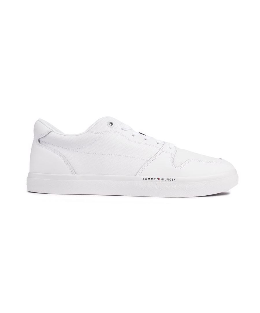 Men's White Tommy Hilfiger Core Perforated Trainers With A Smooth Leather Upper Featuring Signature Branding And A Sleek Designer Look.
