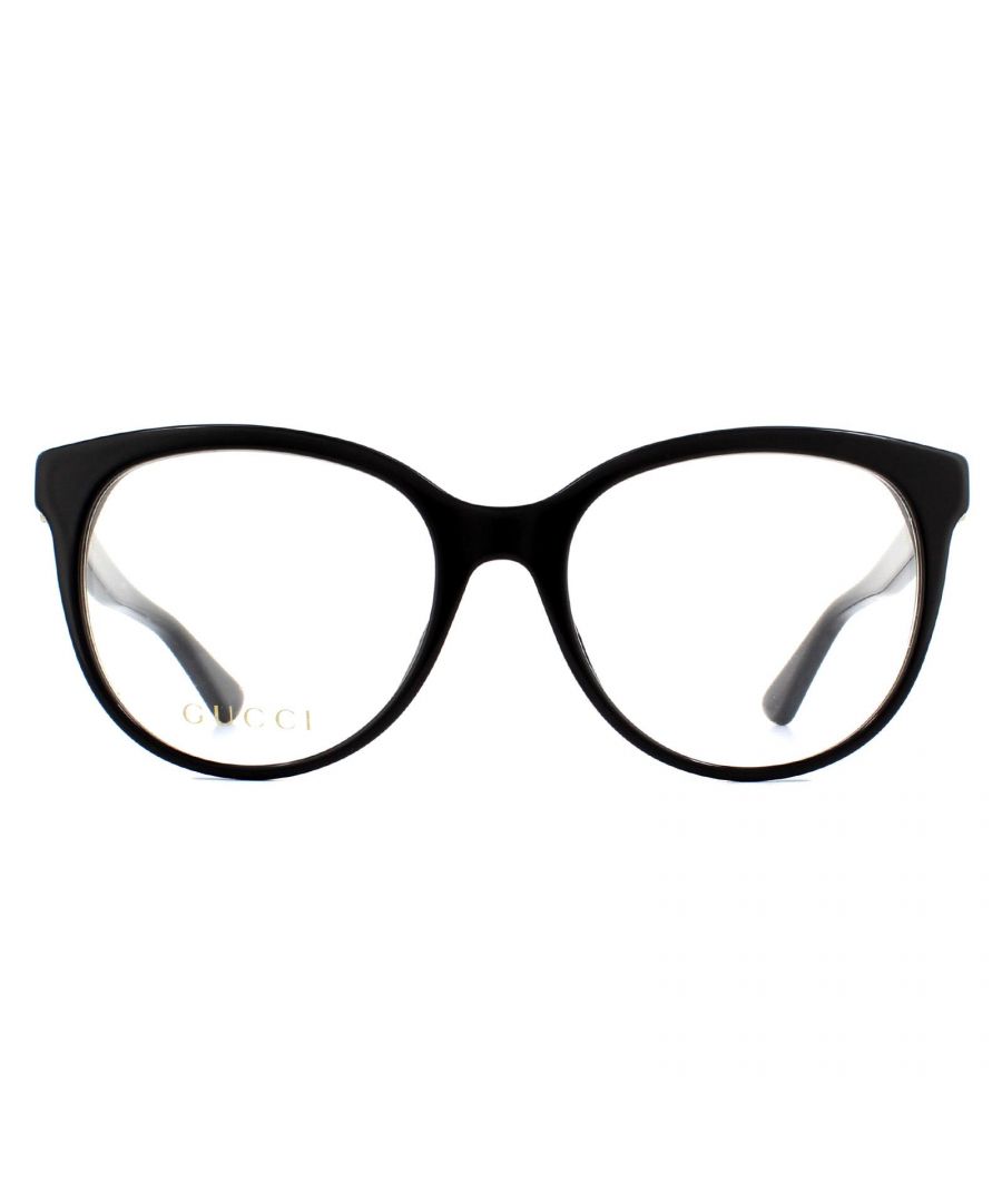 Gucci Glasses Frames GG0329O 001 Black Women are an oversized round style with upswept corners for a subtle cat eye finish. The thick acetate frame is embellished with interlocking GG logos on the temples.