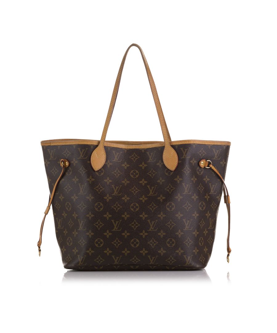 VINTAGE. RRP AS NEW. The Neverfull MM features a monogram canvas body, flat leather handles, an open top with a lobster claw clasp closure, and an interior zip pocket.Exterior Handle Discolored, Worn. Exterior Top Worn. Interior Lining stained with Water Mark, Transfer Of Color, Pen Mark, Other. Practical Attachment Rusty/Tarnished, Scratched. Zipper Rusty/Tarnished, Scratched. \n\nDimensions:\nLength 29cm\nWidth 47cm\nDepth 17cm\nShoulder Drop 20.5cm\n\nOriginal Accessories: Dust Bag, Dust Bag\n\nSerial Number: CA 2195\nColor: Brown\nMaterial: Canvas x Monogram Canvas\nCountry of Origin: Spain\nBoutique Reference: SSU202320K1342\n\n\nProduct Rating: GoodCondition\n\nCertificate of Authenticity is available upon request with no extra fee required. Please contact our customer service team.
