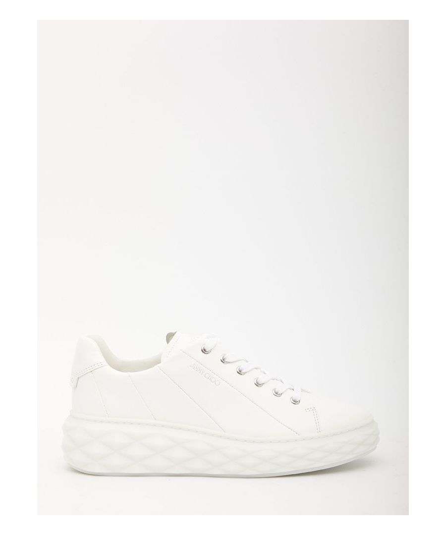 Diamond Light Maxi/F sneakers in white nappa with a diamond-shaped platform rubber sole. They feature lace-up closure and embossed Jimmy Choo logo on tongue, on the side and on heel. Platform height: 4,5cm