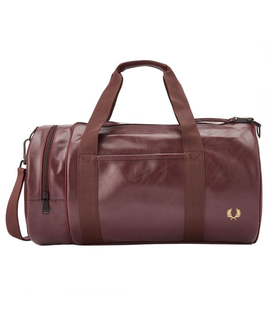 Fred Perry Tonal PU Red Barrel Bag. Style: L7223 122. Zip Closure. Fred Perry Logo Along Side. 100% Leather