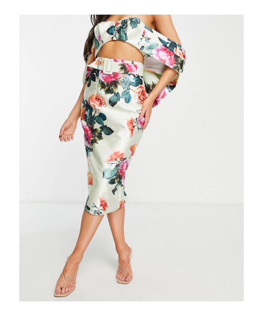 Pencil skirt by ASOS LUXE Part of a co-ord set Top sold separately Floral print High rise Belted waist Zip-back fastening Slim fit  Sold By: Asos