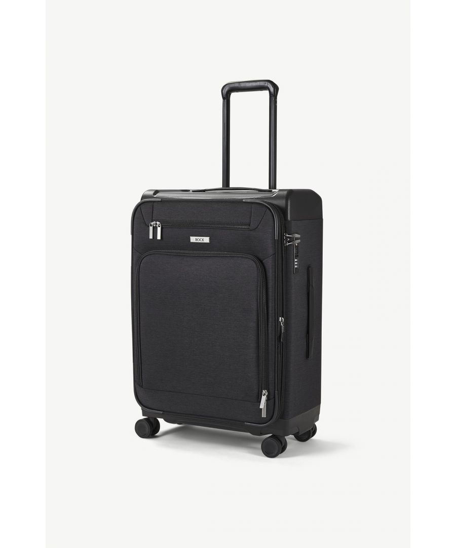 Best of both worlds! This Rock suitcase is made from ultra-strong polypropylene frame combined with a fabric body.\nParker’s carry-on size has an easy access laptop section and is packed full of useful features such a removeable waterproof pouch.\nBuilt to last - all Rock products come with a 15 year manufacturer’s warranty against manufacturing defects arising from faulty workmanship or materials.\nTough & Practical - 8 smooth rolling wheels and a telescopic, push-button handle will help you glide effortlessly on your travels.\nFor your complete peace of mind, Parker cases are fitted with an integrated TSA combination lock.\nThe design includes a zipped front pocket which can be used for conveniently storing smaller items or any last-minute extras you may need to squeeze in.\nThe fully lined interior also features a convenient zipped mesh pocket and elasticated packing straps to keep your clothes securely in place.