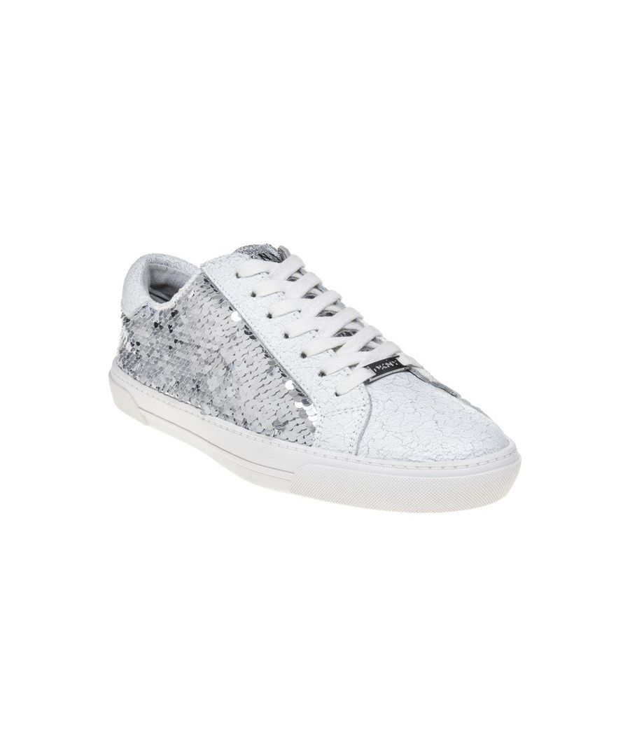Add Some Sparkle To Your Look With The Striking Andi Womens Trainer By Designer Dkny. The Sequin Covered Upper Is Blended With Crackled White Leather Panels And The Iconic Branding For A Stunning Finish.