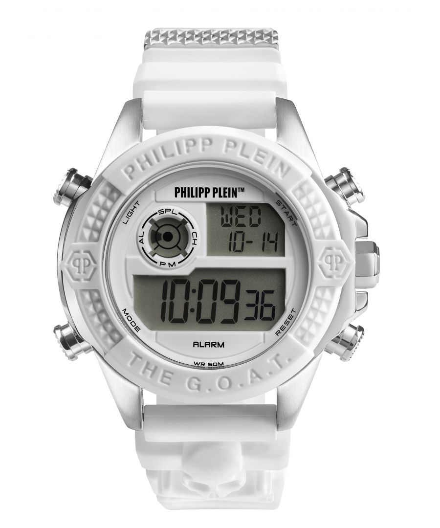 This Philipp Plein The G.o.a.t. Digital Watch for Unisex is the perfect timepiece to wear or to gift. It's Silver 44 mm Round case combined with the comfortable White Silicone watch band will ensure you enjoy this stunning timepiece without any compromise. Operated by a high quality Quartz movement and water resistant to 5 bars, your watch will keep ticking. The digital movement of this watch immediately confers a hyper sporty, bold, contemporary urban look. -The watch has a calendar function: Day-Date, Stop Watch, Alarm, Light High quality 20 cm length and 22 mm width White Silicone strap with a Buckle Case diameter: 44 mm,case thickness: 16 mm, case colour: Silver and dial colour: White