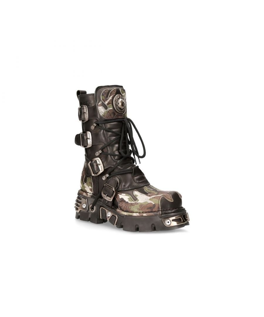 New Rock Unisex Flame Accented Camouflage Leather Biker Boots- M-591-S15 - Black - Size EU 39